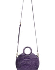 Round purple croc leather bag with top handle and cross body strap