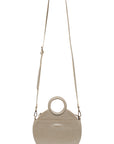 Round leather bag with top handle and cross body strap