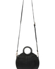 Round black leather bag with top handle and cross body strap