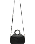 Round black leather bag with top handle and cross body strap