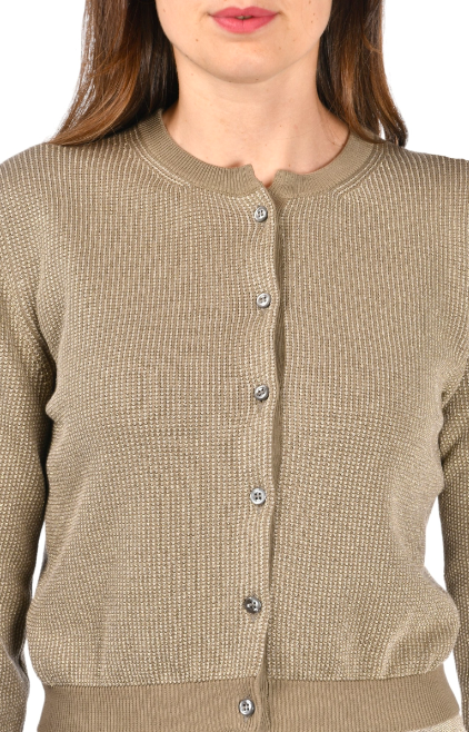 khaki cotton cardigan with a mandarin collar, mother-of-pearl buttons, and fine lurex jacquard detailing, styled with a matching lurex pleated skirt.