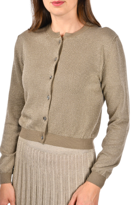 khaki cotton cardigan with a mandarin collar, mother-of-pearl buttons, and fine lurex jacquard detailing, styled with a matching lurex pleated skirt.