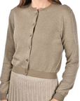 khaki cotton cardigan with a mandarin collar, mother-of-pearl buttons, and fine lurex jacquard detailing, styled with a matching lurex pleated skirt.