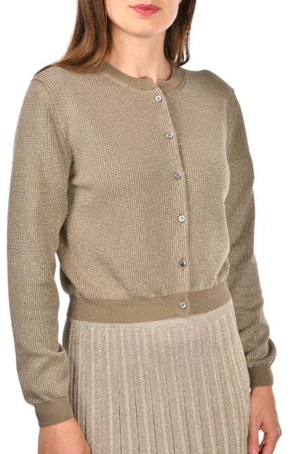 khaki cotton cardigan with a mandarin collar, mother-of-pearl buttons, and fine lurex jacquard detailing, styled with a matching lurex pleated skirt.