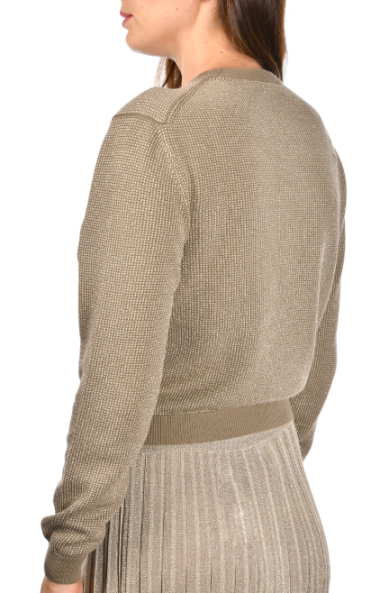 khaki cotton cardigan with a mandarin collar, mother-of-pearl buttons, and fine lurex jacquard detailing, styled with a matching lurex pleated skirt.