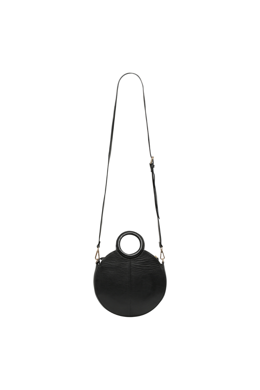 Circular cross body bag in black leather, with handle