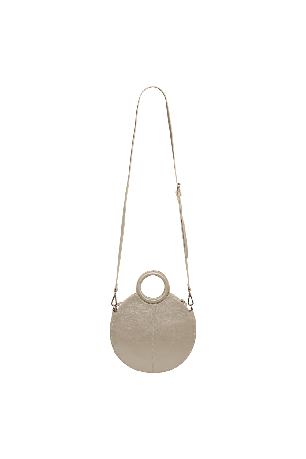 Circular cross body bag in pearl metallic leather, with handle