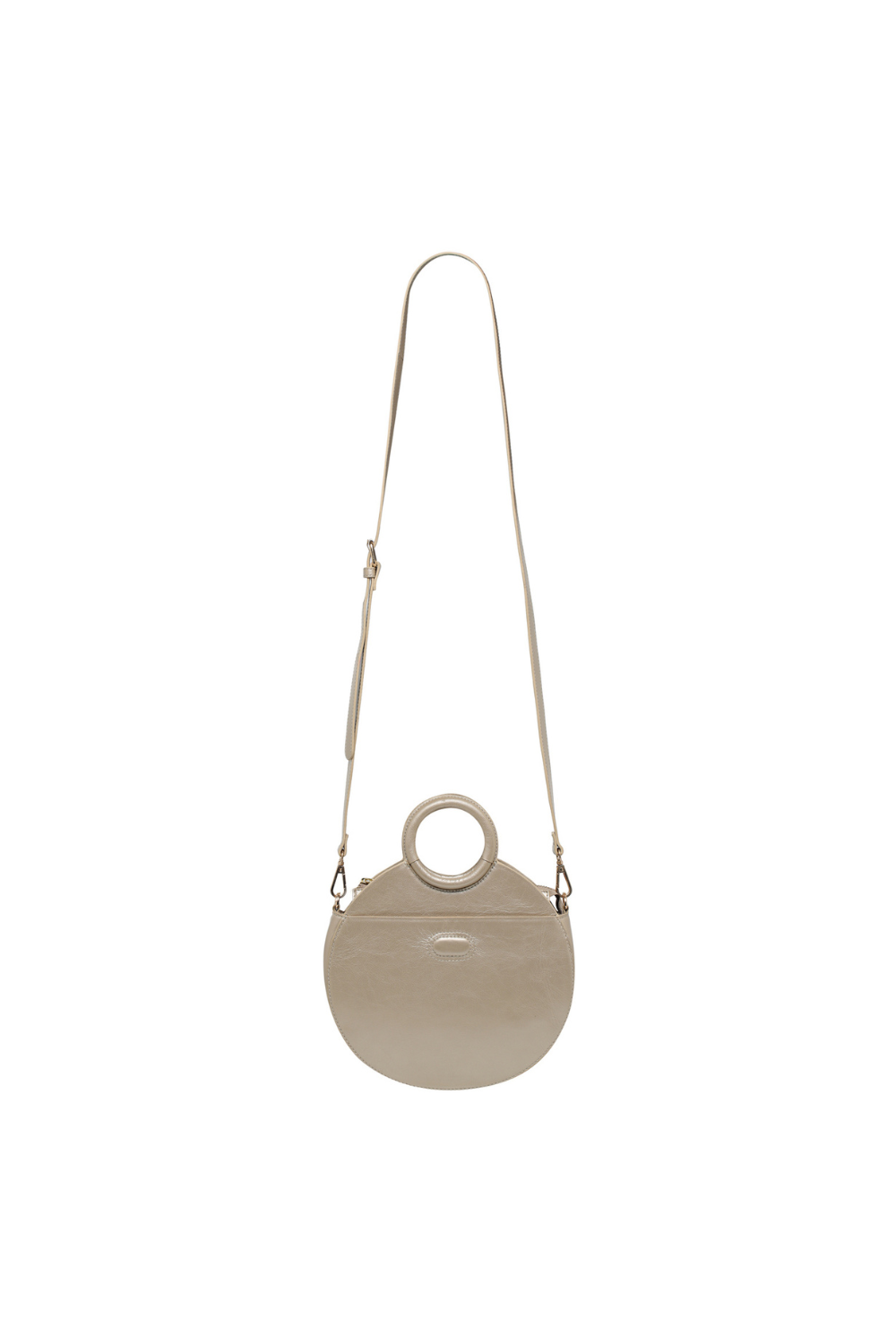 Circular cross body bag in pearl metallic leather, with handle