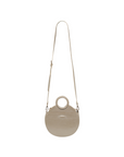 Circular cross body bag in pearl metallic leather, with handle