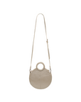 Circular cross body bag in pearl metallic leather, with handle