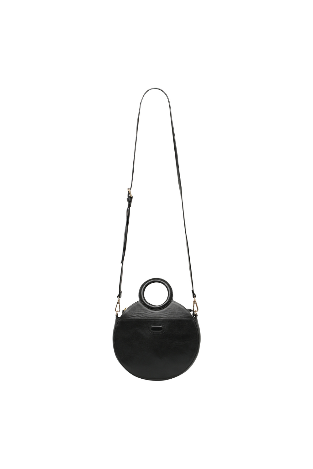 Circular cross body bag in black leather, with handle