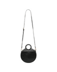 Circular cross body bag in black leather, with handle