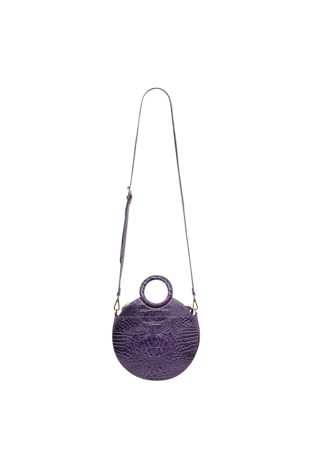 Circular cross body bag in purple croc leather, with handle