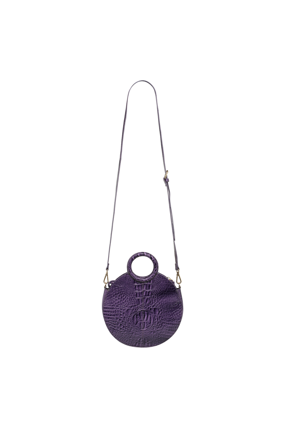 Circular cross body bag in purple croc leather, with handle