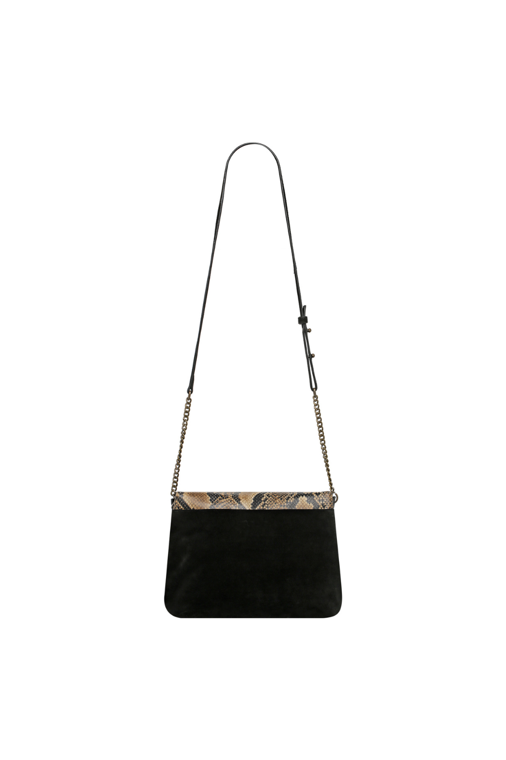Snake print cross body bag, black suede
