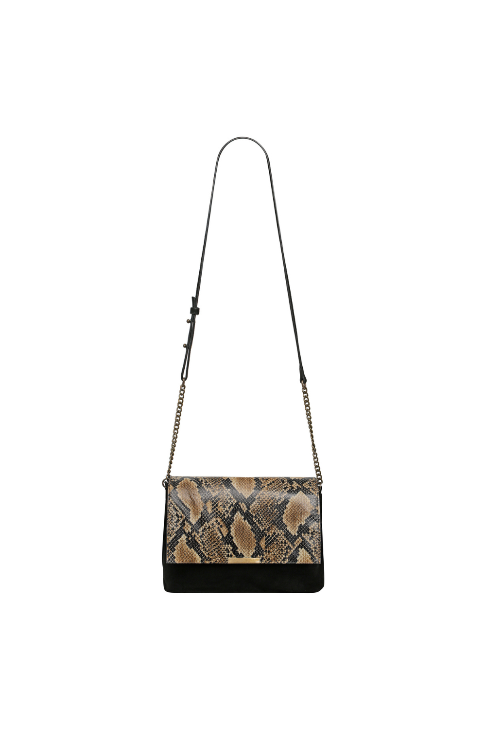 Snake print cross body bag, black suede