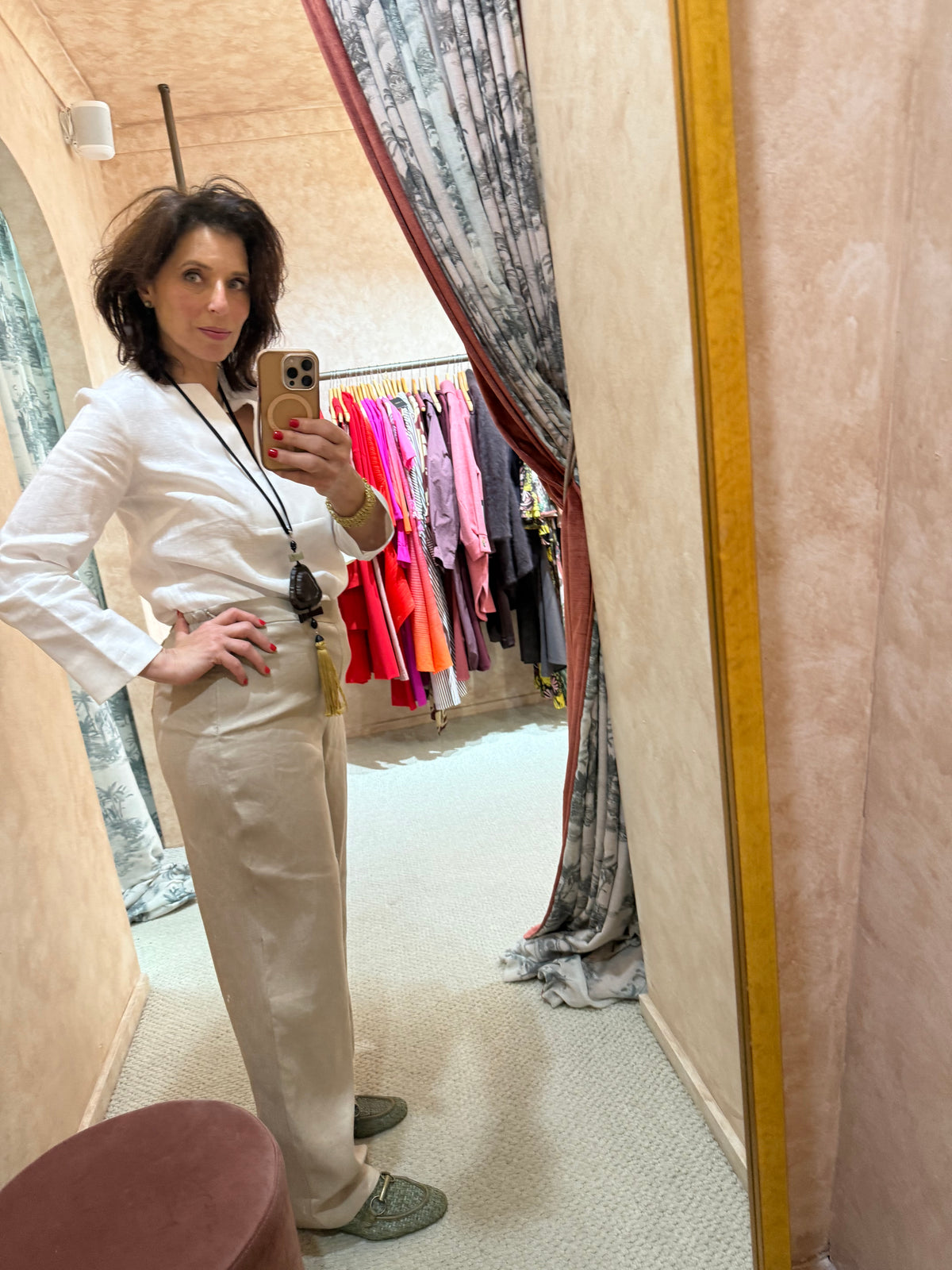 Full length taupe linen pant with side zip and elastic waist